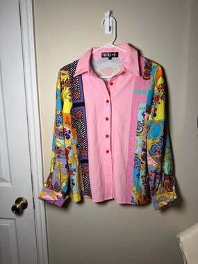 ZCrave Pink Patchwork Barocco Print Button Up Blouse Shirt Glam Size S